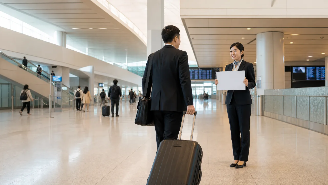 日本の空港到着ロビーでネームボードを掲げてお客様を迎えるグリーター