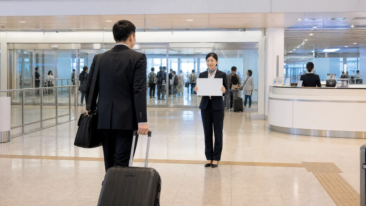 空港到着ロビーの案内表示付近にある集合場所のイメージ
