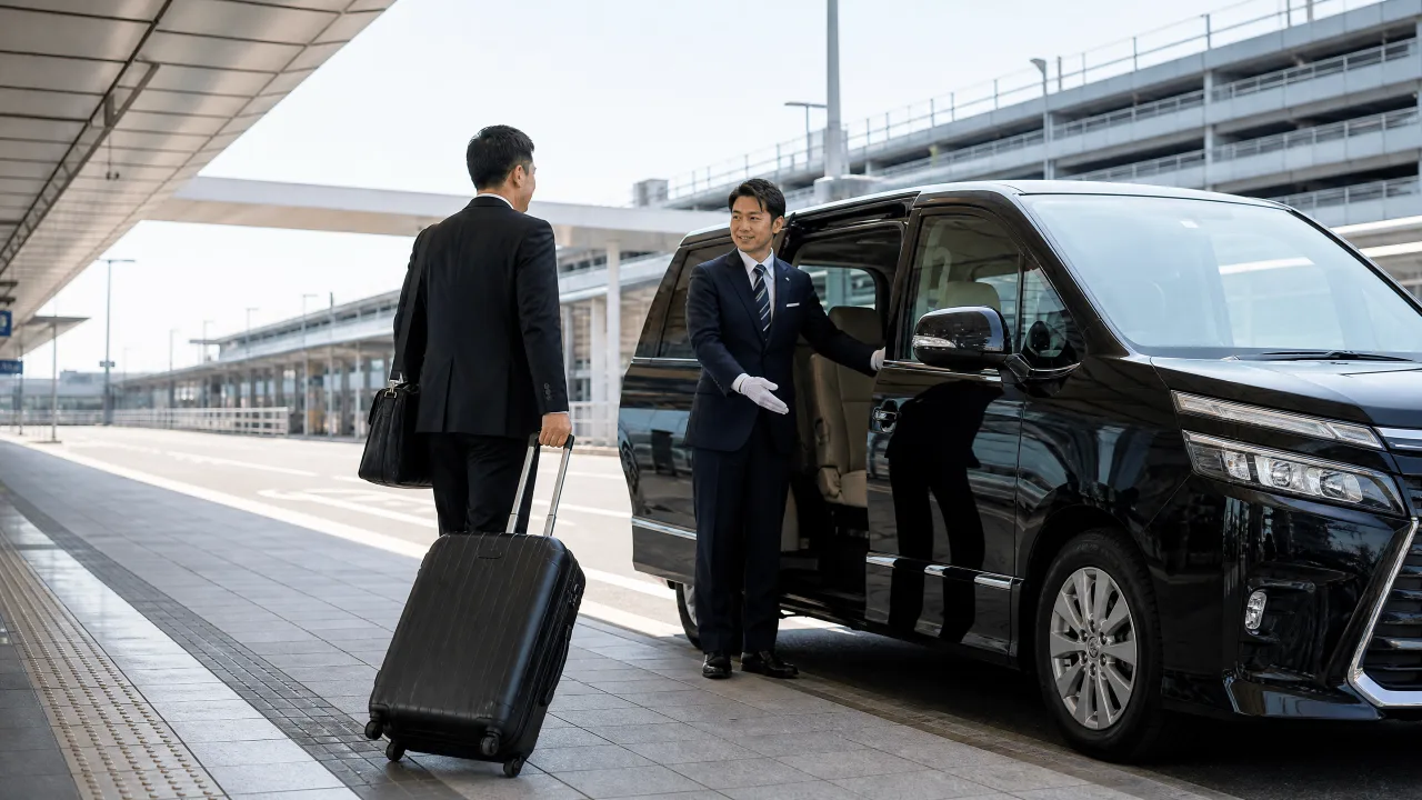 空港送迎車の前でお客様を丁寧に案内する日本人プロドライバー