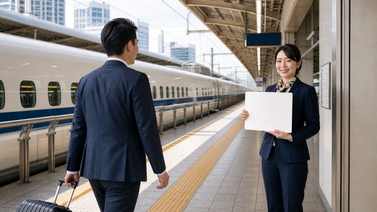 新幹線ホームでサインボードを掲げてお客様を迎える日本人グリーター